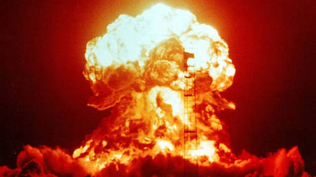 FILE PHOTO: A 23-kiloton nuclear blast is seen during a test conducted by the US military at the Nevada Test Site, April 18, 1953.