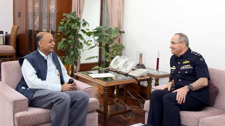 Indian Defense Secretary Ajay Kumar (L) meets with Royal Australian Air Force chief Air Marshal Mel Hupfeld, in New Delhi, India, May 9, 2022.