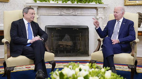 President Joe Biden and Italy's Prime Minister Mario Draghi meet in the Oval Office of the White House, Tuesday, May 10, 2022, in Washington.