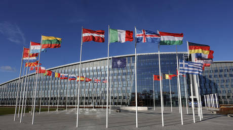 FILE PHOTO: A general view outside NATO headquarters in Brussels, Belgium, February 7, 2022.