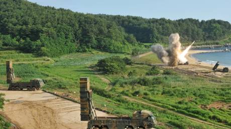 FILE PHOTO: A US MGM-140 Army Tactical Missile is fired from a M270 Multiple Launch Rocket System into the East Sea off South Korea, July 5, 2017.