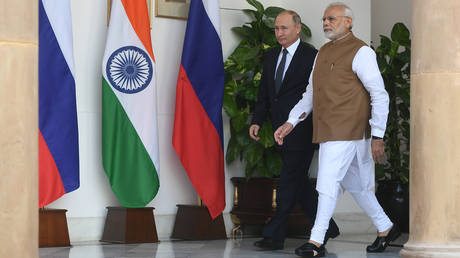 Russian President Vladimir Putin and Indian Prime Minister Narendra Modi during their meeting in New Delhi. © Sputnik / Maksim Blinov