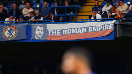 A banner with an image of Roman Abramovich owner of Chelsea during the Premier League match between Chelsea and Wolverhampton Wanderers at Stamford Bridge - Catherine Ivill