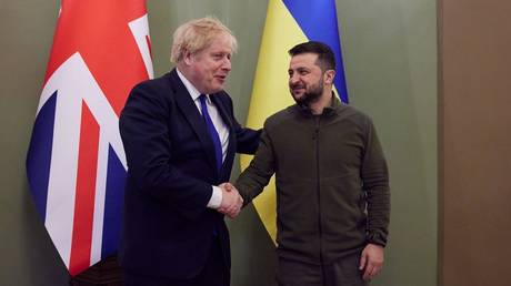 British Prime Minister Boris Johnson meets Ukrainian President Volodymyr Zelenskyy in Kyiv, Ukraine on April 09, 2022. © Ukrainian Presidency / Anadolu Agency via Getty Images