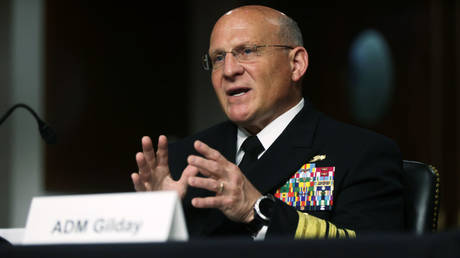US Navy Admiral Michael Gilday is shown testifying in a Senate hearing last June in Washington.