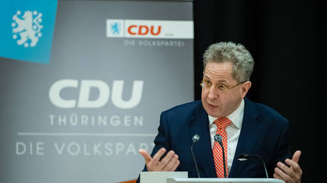 Hans-Georg Maassen, former head of Germany’s domestic intelligence service, addresses a constituency meeting of the Christian Democratic Union district associations on April 30, 2021, Suhl, Germany