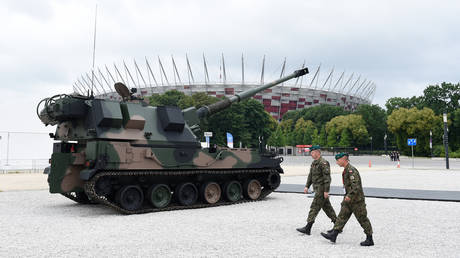 FILE PHOTO. AHS Krab self-propelled howitzer pictured in front of the national stadium in Warsaw, Poland.