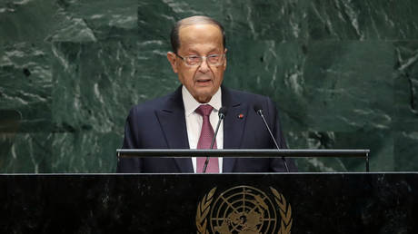 Lebanese President Michel Aoun is shown speaking at the September 2019 United Nations General Assembly in New York.