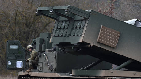 A Multiple Launch Rocket System (MLRS) is seen after a live fire event by the US Army Europe’s 41st Field Artillery Brigade at a military training area on March 4, 2020, Grafenwoehr, Germany