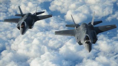 FILE PHOTO: Two Israeli F-35 'Adirs' fly in formation after receiving fuel from a US KC-135 tanker, December, 6, 2016.