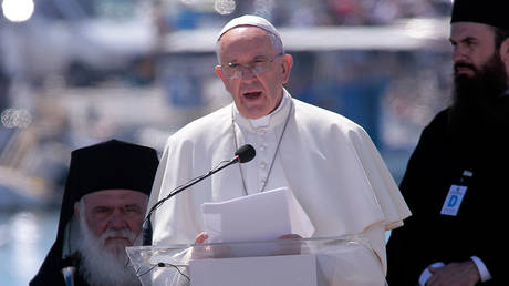 FILE PHOTO: Pope Francis is shown speaking during a 2016 visit to Greece.