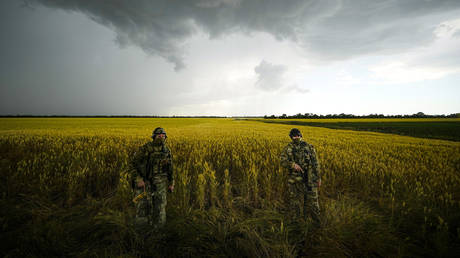 Russian soldiers stand guard in the Zaporizhzhia region in southeastern Ukraine, June 14, 2022.