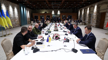 Russian and Ukrainian negotiators meet in Istanbul, Turkey, March 29, 2022. © Arda Kucukkaya / Anadolu Agency / Getty Images