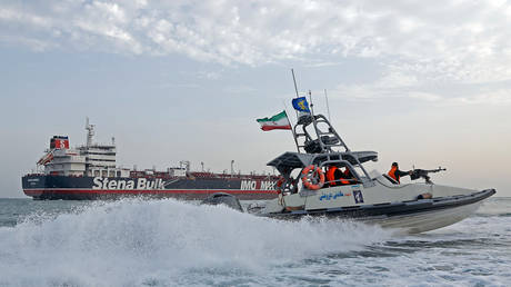 An Iranian Revolutionary Guard’s boat is seen patrolling around the British-flagged tanker Stena Impero on July 21, 2019, near Bandar Abbas, Iran