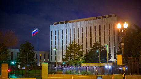 The Russian flag flies at the country’s embassy in the US on March 3, 2022, Washington, DC, US.