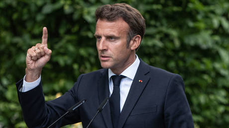 File photo: French President Emmanuel Macron gestures during a press conference in Kiev, June 16, 2022