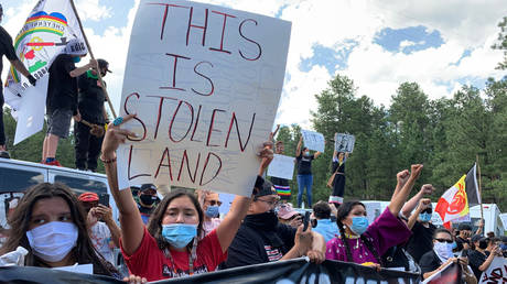 FILE PHOTO. Native American protesters and supporters gather at the Black Hills, now the site of Mount Rushmore, on July 3, 2020 in Keystone, South Dakota.
