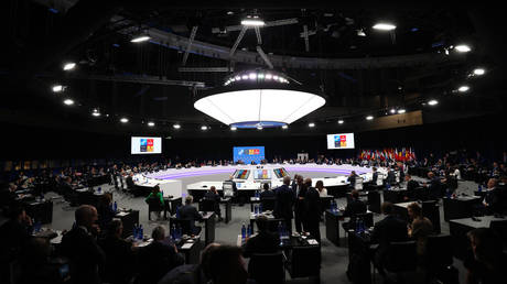A general view of hall during the NATO summit at the Ifema congress centre as Heads of state and government of NATO member countries begin sessions in Madrid, Spain on June 29, 2022.