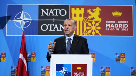 Turkish President Recep Tayyip Erdogan speaks during a media conference at a NATO summit in Madrid, Spain on June 30, 2022.