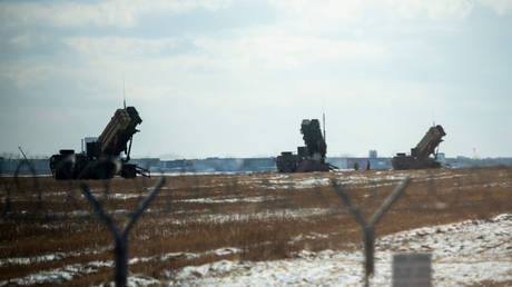 MIM-104 Patriot short-range anti-aircraft missile systems at Rzeszow Airport, Poland.
