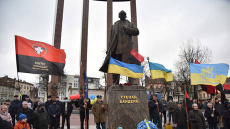 FILE PHOTO: A rally near the monument to Stepan Bandera in Lviv, Ukraine, on Januray 1, 2022.