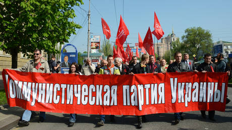 FILE PHOTO. Members of the Ukrainian Communist Party march through Donetsk on International Workers' Solidarity Day.