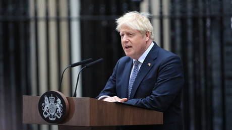 Prime Minister Boris Johnson addresses the nation as he announces his resignation outside 10 Downing Street on July 7, 2022 in London, England.