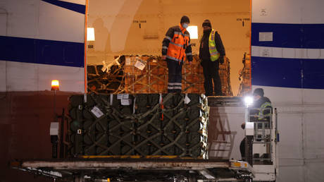 A US weapons shipment to Ukraine is shown arriving at Boryspil Airport near Kiev last January.