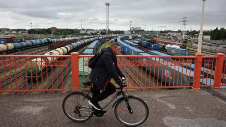 A man rides a bicycle on a viaduct crossing the Kaliningrad Sortirovochny (Sorting) railway station filled with cargo trains in Kaliningrad, Russia. © Sputnik / Mikhail Golenkov