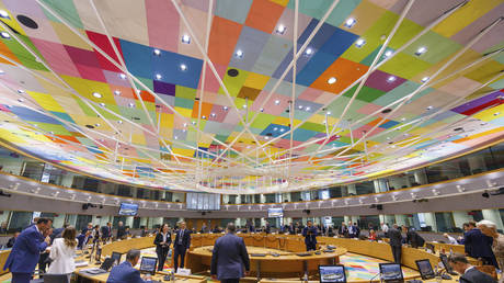 The meeting room of Eurozone finance ministers at the European Council building in Brussels, July 11, 2022.