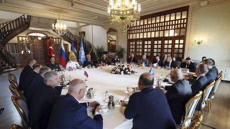 Russian and Ukranian delegations meet along with UN and Turkish officials in Istanbul, Turkey, July 13, 2022 © AP / Turkish Defense Ministry