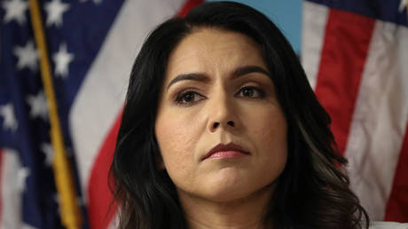 Then-US Representative Tulsi Gabbard is shown at an October 2019 press event at the 9/11 Tribute Museum in New York.