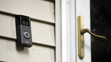 FILE PHOTO: A Ring doorbell camera is seen installed outside a home in Wolcott, Connecticut.