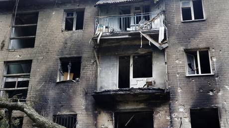 A view shows a residential building damaged by shelling in Donetsk, Donetsk People's Republic.