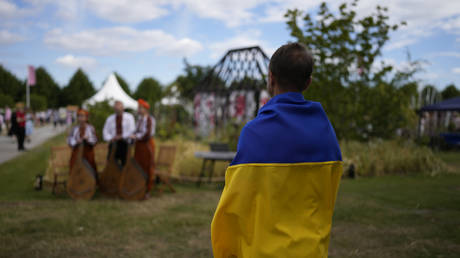 FILE PHOTO: A man with a Ukrainian flag, 2022. © AP Photo / Matt Dunham