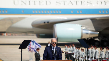 President Joe Biden is shown speaking at a welcoming ceremony after arriving in Israel on Wednesday.
