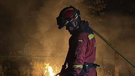 A firefighter works to extinguish a forest fire in the Monsagro area in western Spain, July 16, 2022