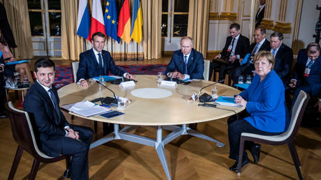 Ukrainian President Volodymyr Zelensky, French President Emmanuel Macron, Russian President Vladimir Putin and then German Chancellor Angela Merkel, December 9, 2019 , Paris, France.