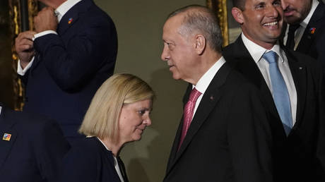 FILE PHOTO: Sweden's PM Magdalena Andersson walks past Turkish President Recep Tayyip Erdogan during a visit to the Prado museum in Madrid, Spain, June 29, 2022