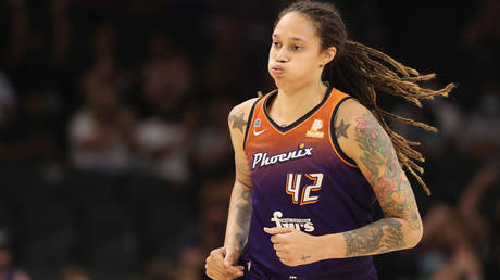 Brittney Griner is shown playing an an August 2021 WNBA game in Phoenix.