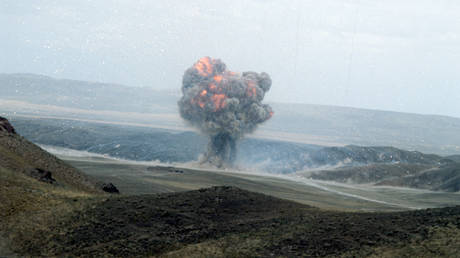 FILE PHOTO: The destruction of missiles under the Soviet-US treaty on the elimination of intermediate-range and shorter-range missiles, Kazakhstan, July 31, 1988