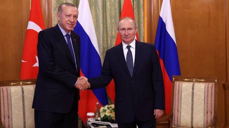 Le président russe Vladimir Poutine et le président turc Recep Tayyip Erdogan se serrent la main lors d'une réunion à Sotchi.  © Spoutnik / Vyacheslav Prokofiev