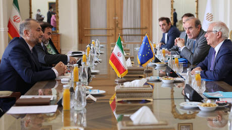 FILE PHOTO. Iran's Foreign Minister Hossein Amir-Abdollahian (L) meets Josep Borell, the High Representative of the European Union for Foreign Affairs and Security Policy (R), and Deputy Secretary General of the European External Action Service (EEAS) Enrique Mora (2nd-R) in Iran's capital Tehran.