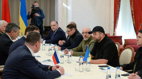 FILE PHOTO: Russian and Ukrainian delegations hold peace talks in Belarus on February 28, 2022.