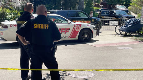 Law enforcement stand watch outside at the Chautauqua Institution after author Salman Rushdie was attacked in Chautauqua, US, on August 12, 2022.
