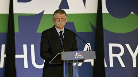 FILE PHOTO: Laszlo Kover delivers his speech on the second day of the Conservative Political Action Conference (CPAC) at the Balna cultural centre in Budapest, Hungary, May 20, 2022 © AFP / Attila Kisbenedek