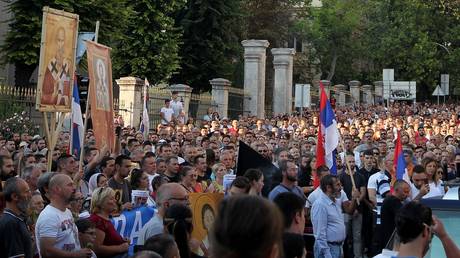 A march against "Europride 2022" outside the Patriarch's palace in Belgrade, Serbia, August 14, 2022