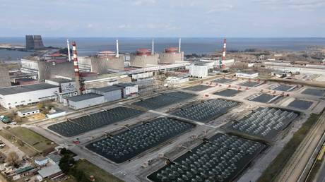 FILE PHOTO: The spray pounds at the Zaporozhye nuclear power plant in Energodar, Ukraine. April 05, 2022.