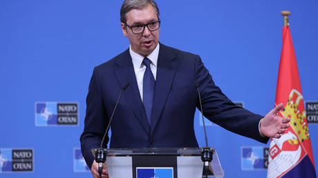 Serbian President Aleksandar Vucic speaks during a press conference at the NATO headquarters in Brussels, on August 17 2022.