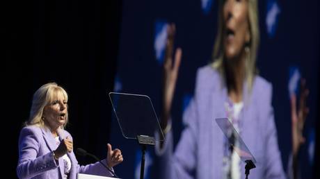 FILE PHOTO: First lady Jill Biden speaks at an event in Boston, Massachusetts, July 15, 2022.